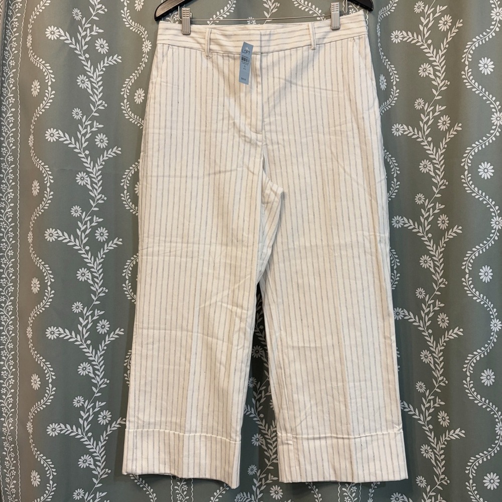 NEW Loft Striped Wide Leg Crop Pants 12P Ivory Navy Pinstripe Cotton Linen Blend